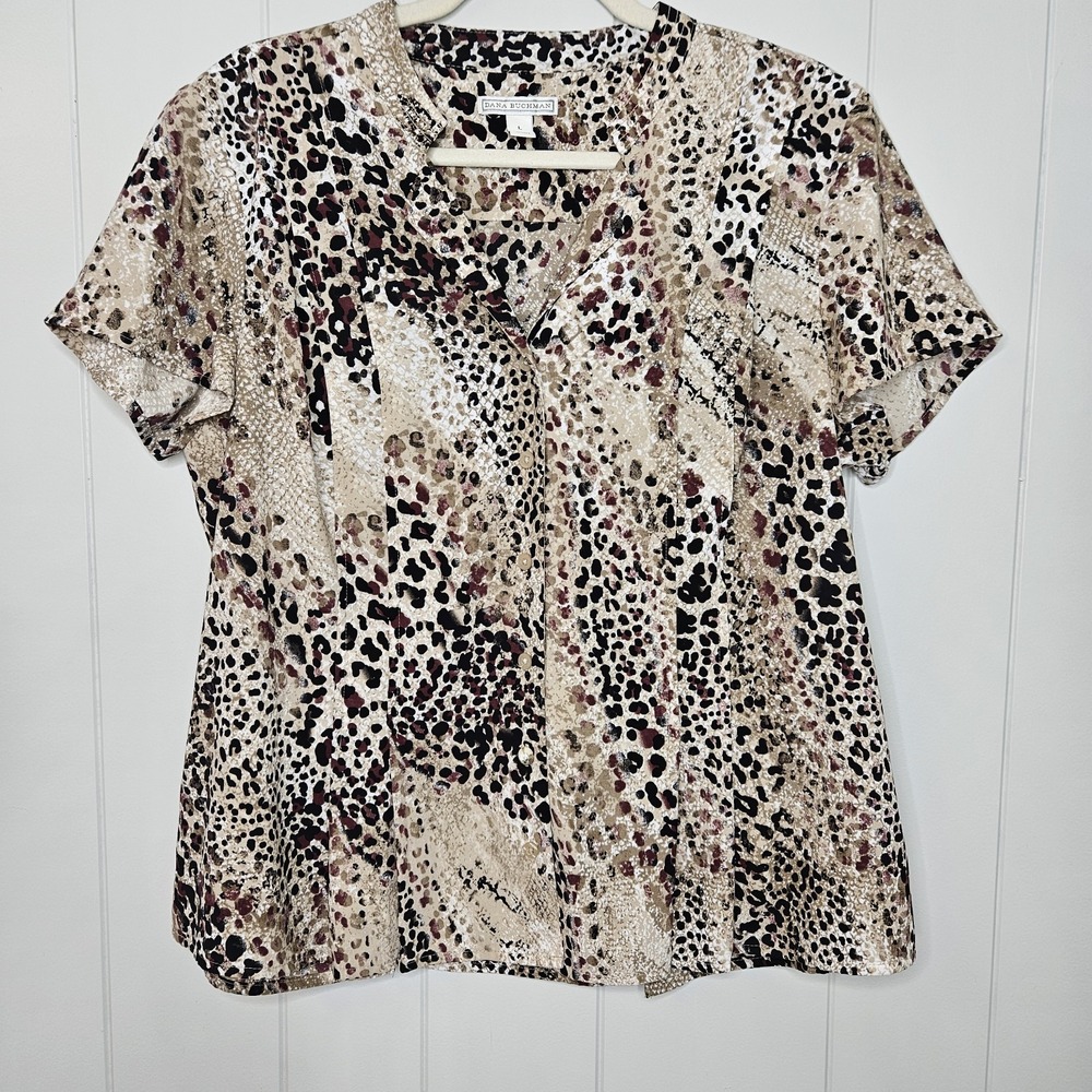 Dana‎ Buchman Shirt Button Up Large Burgundy/Black/Tan/White Short Sleeve